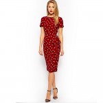 Oxiuly 2017 New vintage Polka Dot print short sleeve puff Natural Round-Neck knee-length Wear to Work Pencil Dress