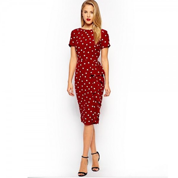 Oxiuly 2017 New vintage Polka Dot print short sleeve puff Natural Round-Neck knee-length Wear to Work Pencil Dress