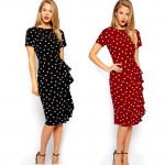 Oxiuly 2017 New vintage Polka Dot print short sleeve puff Natural Round-Neck knee-length Wear to Work Pencil Dress