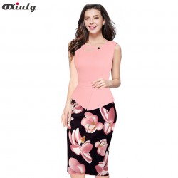 Oxiuly 2017 Summer Women Floral Print Patchwork Working Sheath Sundress Sleeveless Bodycon Office Plus Size 4XL 5XL Pencil Dress