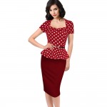 Oxiuly 2017 Summer Womens Elegant Vintage Peplum Dot Print Contrast Tunic Slim Casual Work Office Party Sheath Pencil Dress