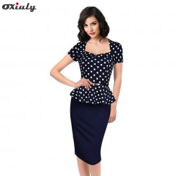 Oxiuly 2017 Summer Womens Elegant Vintage Peplum Dot Print Contrast Tunic Slim Casual Work Office Party Sheath Pencil Dress