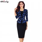 Oxiuly 2017 Womens Peplum Elegant Vintage Faux Twinset Floral Print Slim Patchwork Work Office Party Bodycon Sheath Pencil Dress