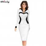 Oxiuly Business Female Pencil Dress Elegant Lady Illusion Patchwork Sheath Buttons Fitted Ruffles Women Bodycon Bandage Dress