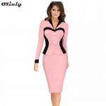 Oxiuly Business Female Pencil Dress Elegant Lady Illusion Patchwork Sheath Buttons Fitted Ruffles Women Bodycon Bandage Dress