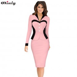 Oxiuly Business Female Pencil Dress Elegant Lady Illusion Patchwork Sheath Buttons Fitted Ruffles Women Bodycon Bandage Dress