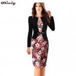 Oxiuly Plus Size 4XL Women Formal Faux Twinset Belted Tartan Floral Lace Plaid Office Wear Work Sheath Bodycon Pencil Dress