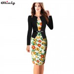 Oxiuly Plus Size 4XL Women Formal Faux Twinset Belted Tartan Floral Lace Plaid Office Wear Work Sheath Bodycon Pencil Dress