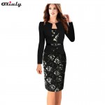 Oxiuly Plus Size 4XL Women Formal Faux Twinset Belted Tartan Floral Lace Plaid Office Wear Work Sheath Bodycon Pencil Dress