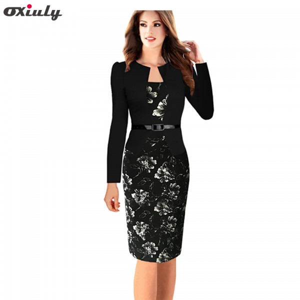 Oxiuly Plus Size 4XL Women Formal Faux Twinset Belted Tartan Floral Lace Plaid Office Wear Work Sheath Bodycon Pencil Dress