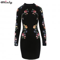Oxiuly Women Fall Winter Long Sleeve Vintage Floral Print Tunic Slim Casual Office Party Sheath Bodycon Pencil Dress Vestidos