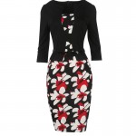 Oxiuly Women Faux Two Pieces Elegant Floral Print Patchwork Three Quarter Sleeve Work Office Wear Bodycon Sheath Pencil Dress