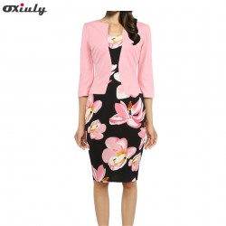 Oxiuly Women Faux Two Pieces Elegant Floral Print Patchwork Three Quarter Sleeve Work Office Wear Bodycon Sheath Pencil Dress