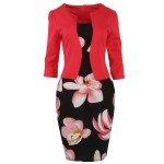 Oxiuly Women Faux Two Pieces Elegant Floral Print Patchwork Three Quarter Sleeve Work Office Wear Bodycon Sheath Pencil Dress