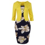 Oxiuly Women Faux Two Pieces Elegant Floral Print Patchwork Three Quarter Sleeve Work Office Wear Bodycon Sheath Pencil Dress