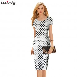 Oxiuly Women's Elegant Dot Tunic Short Sleeve Wear to Work Business Office Casual Sheath Bodycon Stretch Fitted Pencil Dress