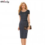 Oxiuly Women's Elegant Dot Tunic Short Sleeve Wear to Work Business Office Casual Sheath Bodycon Stretch Fitted Pencil Dress