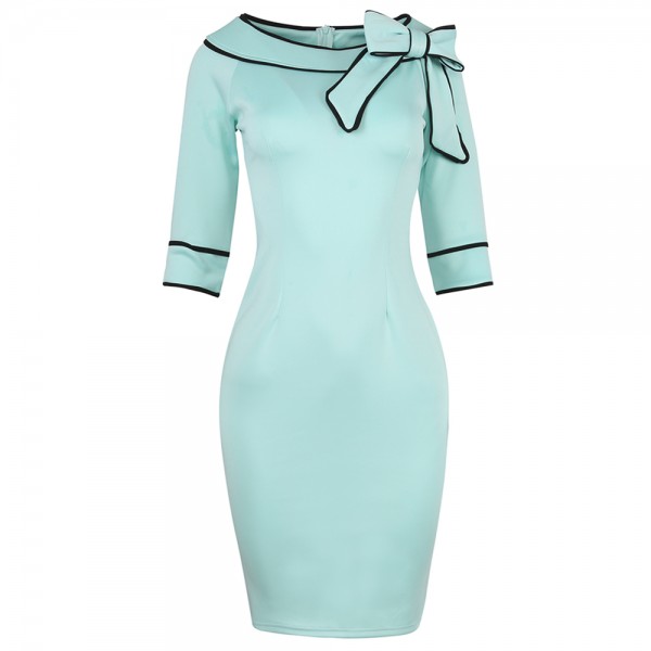 Oxiuly Womens Summer Brief Elegant Slash-Neck Bow Pinup Casual Office Wear Business Party Sheath Work Pencil Dress
