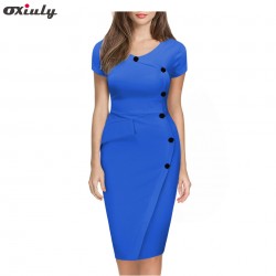 Oxiuly Womens Summer Dresses Fashion Short Sleeve Button Empire Waist Slim Plus Size Wiggle Pencil Bodycon Casual Sheath Dress