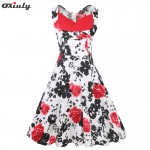 Oxiuly Womens Vintage Audrey Hepburn Draped Flower Floral Print Patchwork Sleeveless Casual Work Party A-Line Skater Dress