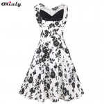 Oxiuly Womens Vintage Audrey Hepburn Draped Flower Floral Print Patchwork Sleeveless Casual Work Party A-Line Skater Dress