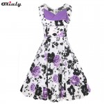 Oxiuly Womens Vintage Audrey Hepburn Draped Flower Floral Print Patchwork Sleeveless Casual Work Party A-Line Skater Dress