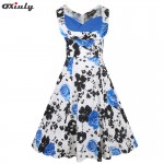 Oxiuly Womens Vintage Audrey Hepburn Draped Flower Floral Print Patchwork Sleeveless Casual Work Party A-Line Skater Dress