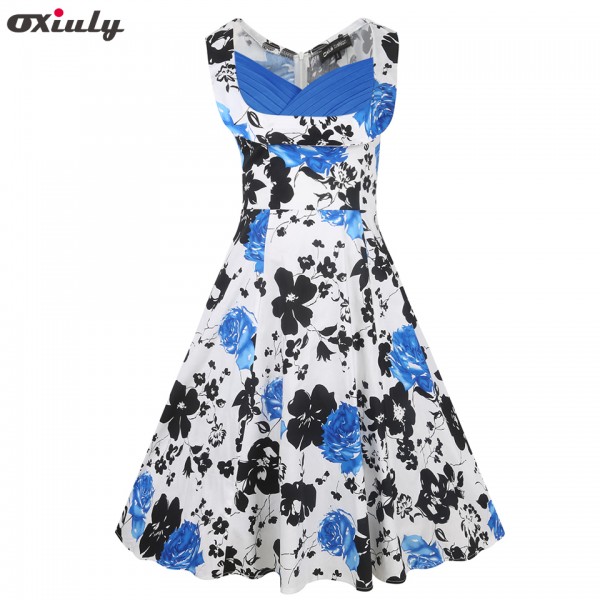 Oxiuly Womens Vintage Audrey Hepburn Draped Flower Floral Print Patchwork Sleeveless Casual Work Party A-Line Skater Dress