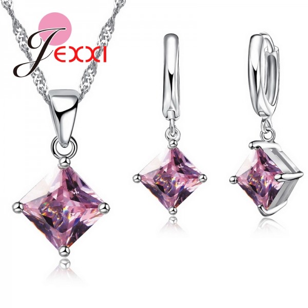 PATICO Newest 8 Colors Jewelry Sets Women Quadrilateral 925 Sterling Silver CZ Crystal Necklace/Earrings Jewelry Wholesale