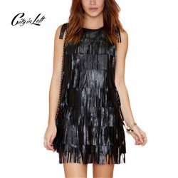 PU Fashion Women Dress O-Neck Sleeveless PU Leather Front Level Tassels Splicing Sexy Dress Fringe Slim PU Mini Sexy Dress 636
