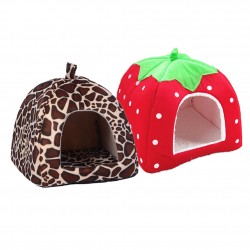 Pet Cat House Foldable Soft Winter Leopard Dog Bed Strawberry Cave Dog House Cute Kennel Nest Dog Fleece Cat Bed