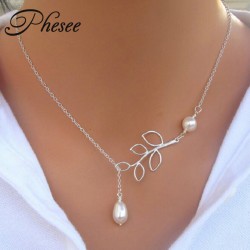 Phesee 2pcs/Lot Hot Fashion Trend Necklaces Leaves Simulated Pearl Hoop "1" Hand Chain Necklace Jewelry For Women Gifts E0316