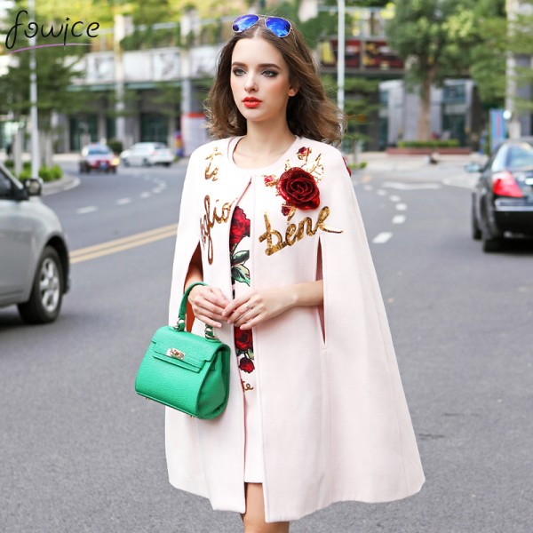 Pink Embroidery Flower Women Autumn Cloak Mini Dress And Cashmere Overcoats Woolen T Suit 3D Sequined Rose Shawl