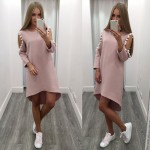Pink Off Shoulder Mini Dresses Full Sleeve O Neck Loose Cute Above Knee 2017 Women summer Dress