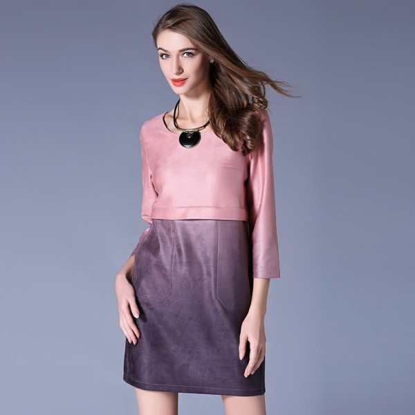 Pink Purple Two Tone Pieced Three Quarter Sleeve Imitation Suede Dress Plus Size Women Clothing 3xl Pink Purple Two Tone Pieced Three Quarter Sleeve Imitation Suede Dress Plus Size Women Clothing 3xl
