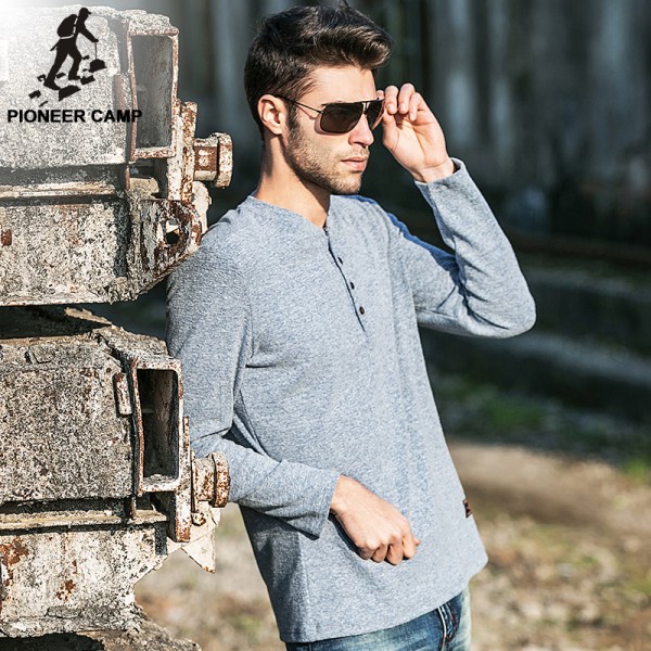 Pioneer Camp 2017 Autumn Mens T Shirt Long Sleeve New Fashion Tshirt Gray Casual Slim Fit Cotton Soft Men T-Shirt Solid 622007