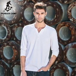 Pioneer Camp Men Long Sleeve T-Shirt V-Neck Cotton White T Shirt Men New Fashion Solid Slim Fit Spandex Tshirts Male 522180
