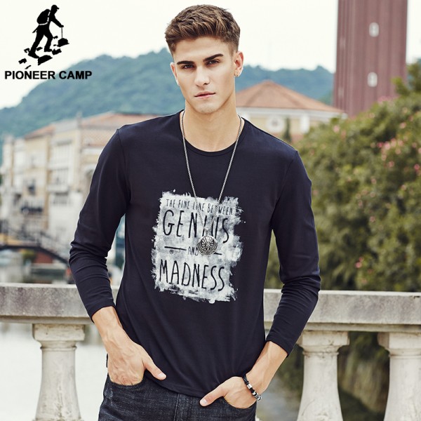 Pioneer Camp Men's T Shirt Long Sleeve T-Shirt Men 2017  Dark Blue T-Shirt Men Cotton Print Elastic Streetwear O-Neck 622099