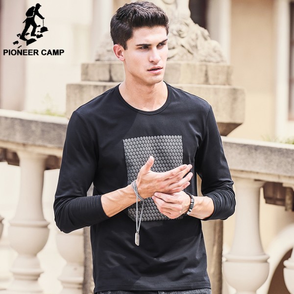 Pioneer Camp black long sleeve t shirt men 2017 new fashion brand clothing men t-shirt cotton elastic fashion male tshirt 699045