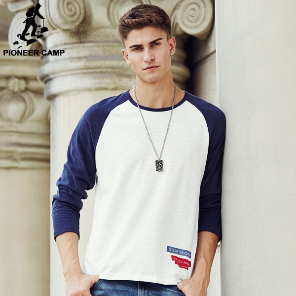 Pioneer Camp brand clothing T shirts men 2017 New Arrival Autumn T-shirt Men patchwork Crew Neck Long Sleeve male tshirt 699001