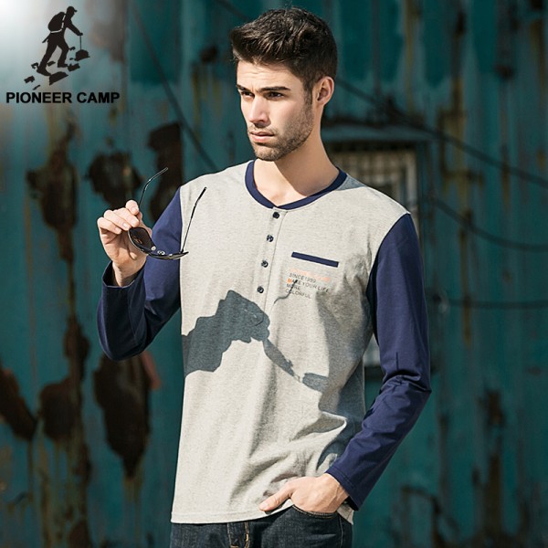 Pioneer Camp.Free shipping2016 new fashion mens t shirt o-neck long sleeve casual  elastic male tshirts  cotton t-shirt