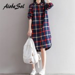 Plaid Shirt Dress Spring Autumn 2017 Loose Preppy Long Sleeve Single-breasted Cotton Bottom Dress Mori Girl Vestidos