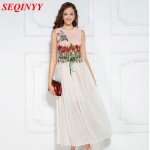 Pleated Animal Diamond Mid-Calf Dress Female Spring Summer 2017 New Arrival Sleeveless Tank Floral Embroidery Sashes Belt Dress