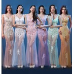 Plus Size 10 Color Lace Long Dress Nightclub Dresses Clairvoyant Women Slim Fish Tail Sexy Long Train V-Neck Design Party Wear