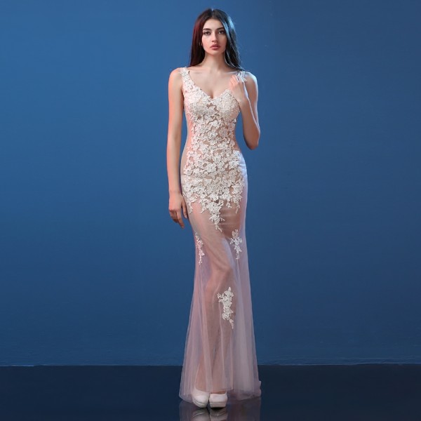 Plus Size 10 Color Lace Long Dress Nightclub Dresses Clairvoyant Women Slim Fish Tail Sexy Long Train V-Neck Design Party Wear