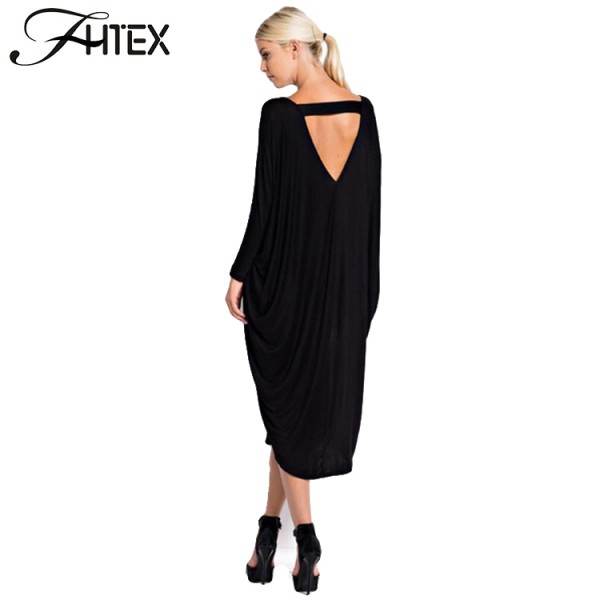 Plus Size Autumn Dress Fashion New Women Solid Color V Neck Batwing Sleeve Backless Casual Loose Party Dress Evening Midi Dress