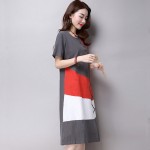 Plus Size Clothing Women Loose Casual Dress New 2016 Fashion Korean Style Patchwork Short Sleeve Cotton Linen Summer Dress H286