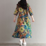 Plus Size Cotton Linen Dress 2017 Spring New Women Loose National Wind Round Neck Printed Seven Sleeve Long Dress Robe Vestidos