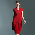 Plus Size Dress Women Summer Fashion V-Neck Short Sleeves Solid Miyake Pleats Lantern Dress For Women 45-80KG