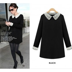 Plus Size M-5XL 2015 New Fashion Black Women Lace Collar Casual Dresses Loose With White Carve patterns Party Dresses For Women